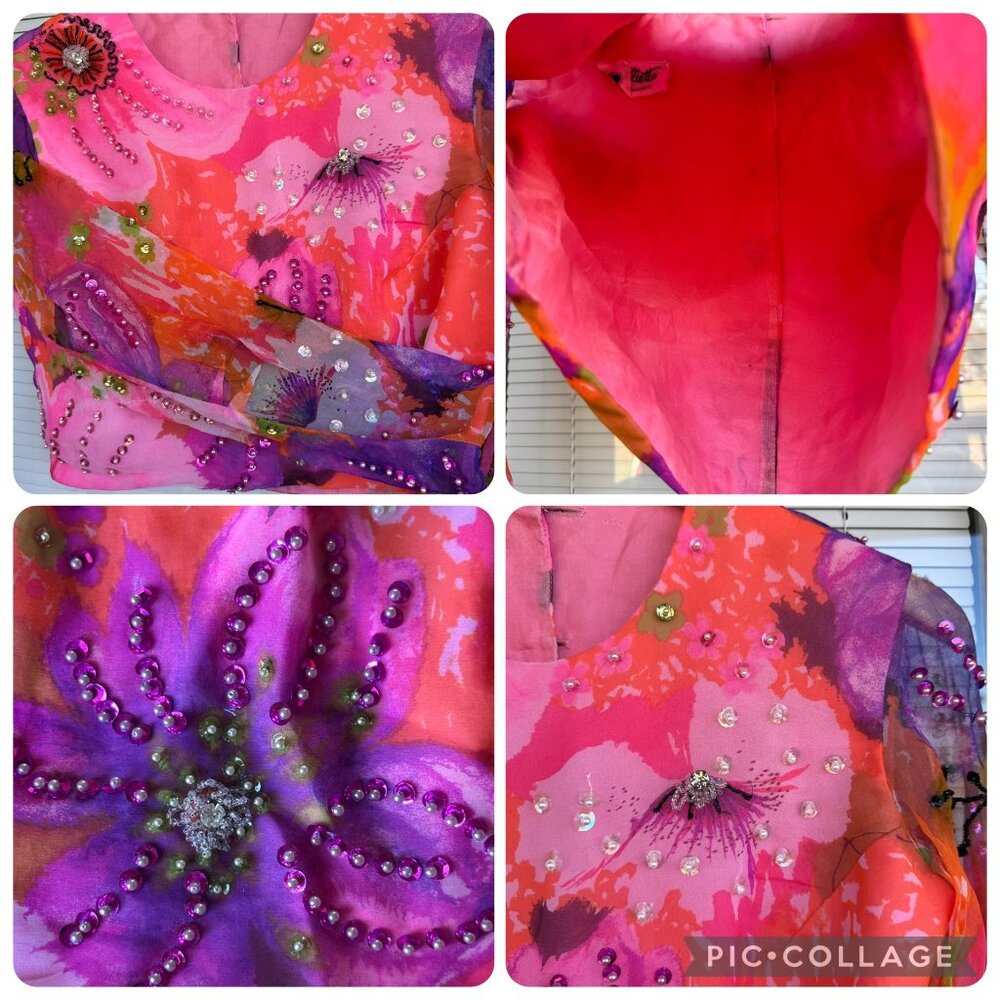 Miss Elliette California Hand-Beaded Floral Crop Blouse Sheer Sleeves Vtg 60s - Picture 4 of 16